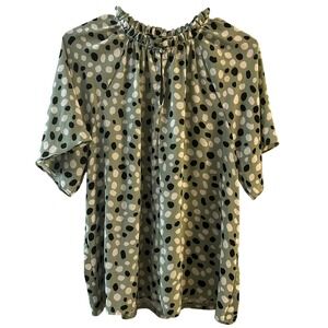 Ann Taylor Polka Dot Ruffle Neck Short Sleeve Blouse Top Women Size Large